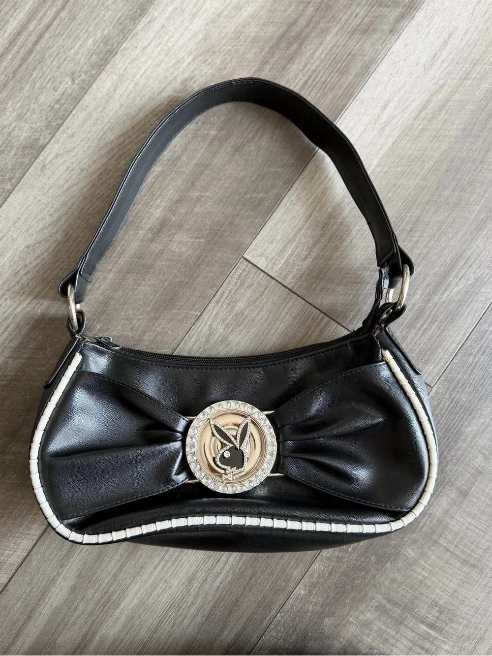 Rare Vtg Y2K Playboy Bunny Rhinestone Spinner Medallion Shoulder Bag Black Purse